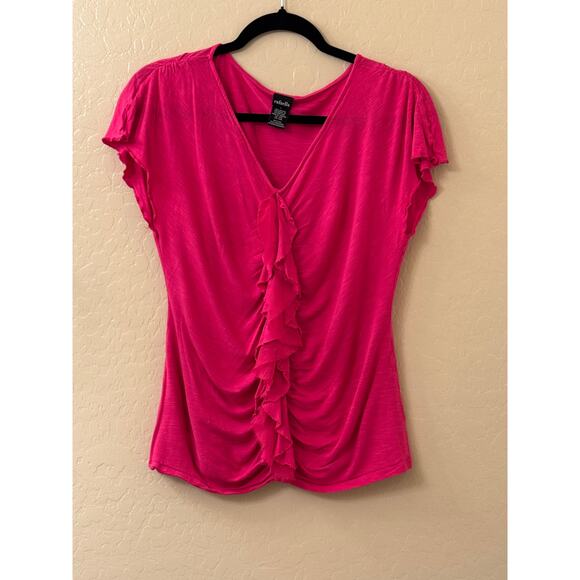 Rafaella Women's Pink Ruffled Front Short Sleeve V-Neck Blouse Size Large - Picture 5 of 8